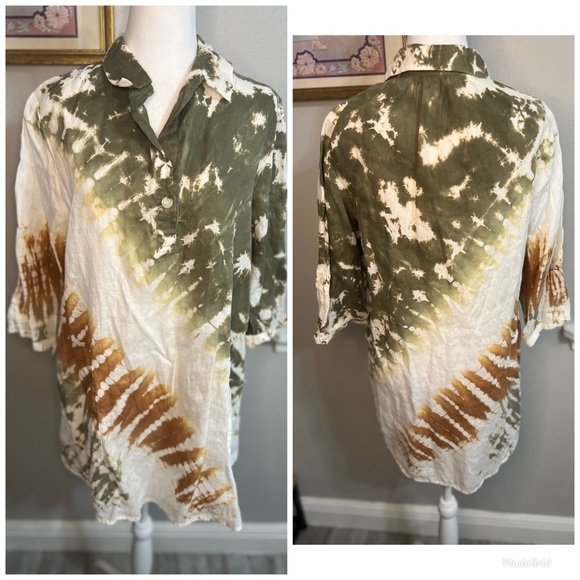 Xovi Linen Shirt Green Medium Tie Dye Tunic Length Pockets Convert Sleeves - Picture 1 of 13